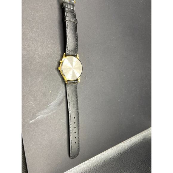 TIME Men's Quartz Wristwatch Gold Tone Stainless Steel Case Black Leather Band - Picture 3 of 9